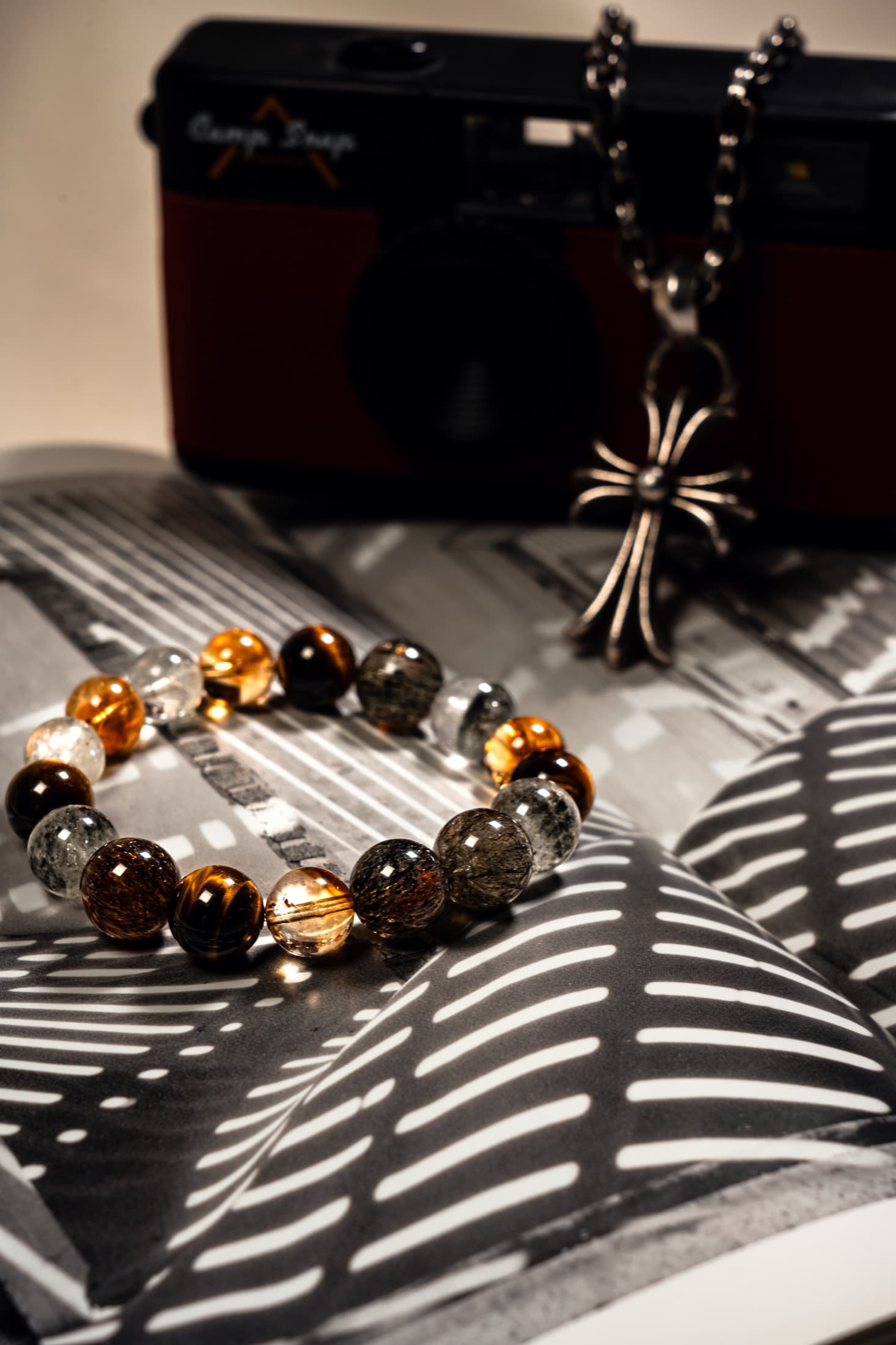 MoonArq natural stone bracelet in an editorial studio setting