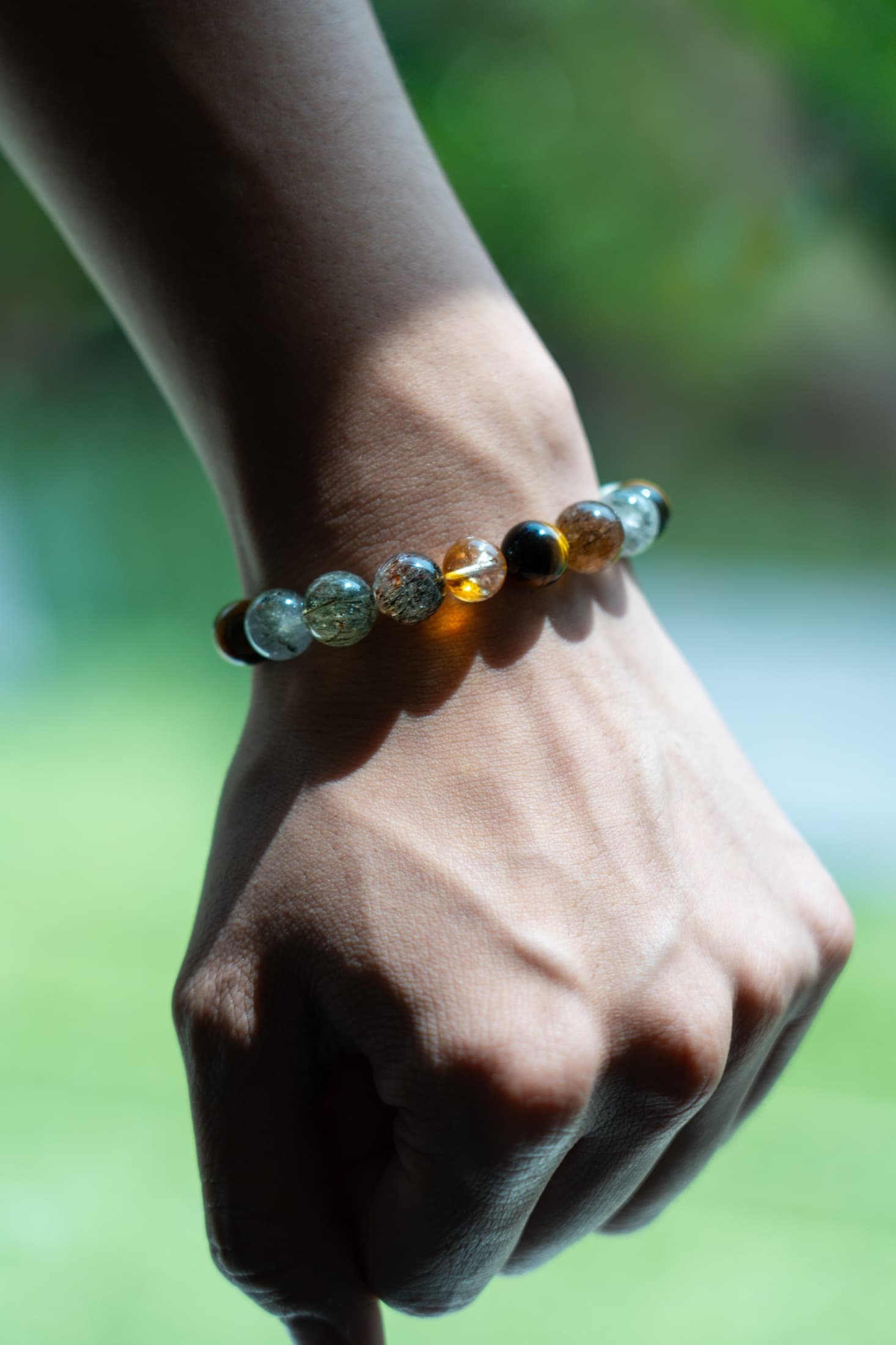 Natural stone bracelet worn at the wrist