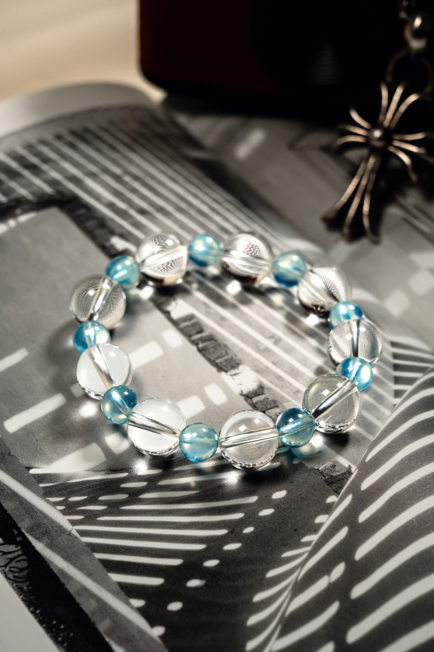 Blue and clear crystal bracelet styled as a gift